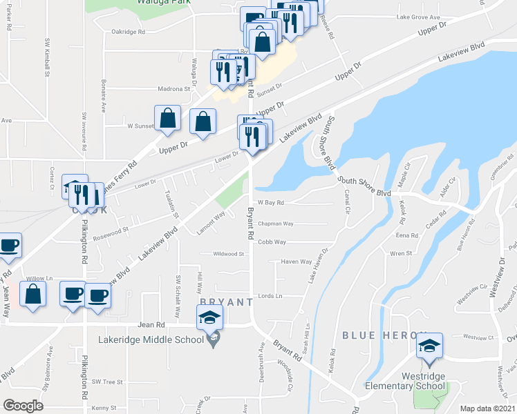 map of restaurants, bars, coffee shops, grocery stores, and more near 4484 West Bay Road in Lake Oswego