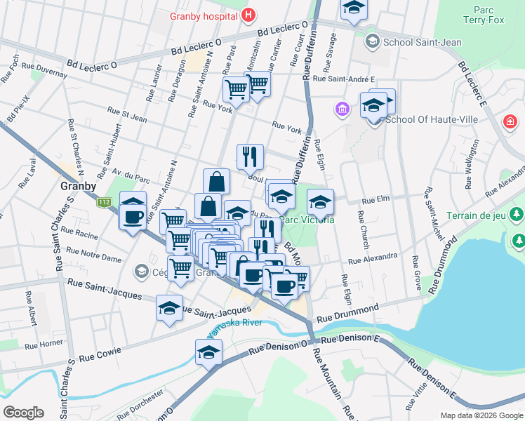 map of restaurants, bars, coffee shops, grocery stores, and more near 123 Avenue du Parc in Granby