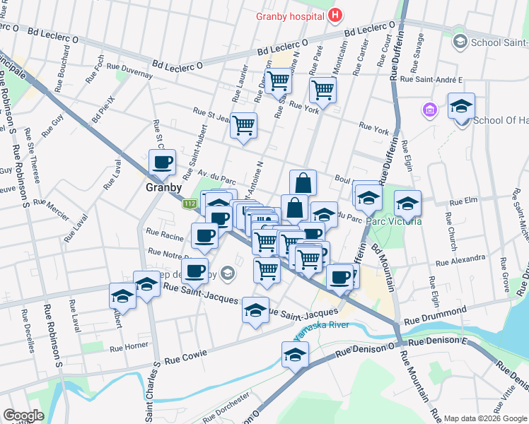 map of restaurants, bars, coffee shops, grocery stores, and more near 46 Rue Paré in Granby