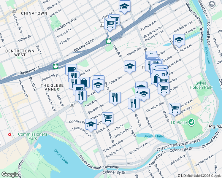 map of restaurants, bars, coffee shops, grocery stores, and more near 495 Percy Street in Ottawa