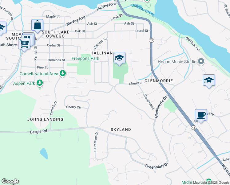 map of restaurants, bars, coffee shops, grocery stores, and more near 17410 Upper Cherry Lane in Lake Oswego