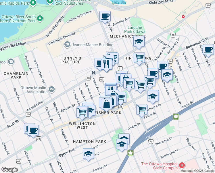 map of restaurants, bars, coffee shops, grocery stores, and more near 45 Holland Avenue in Ottawa