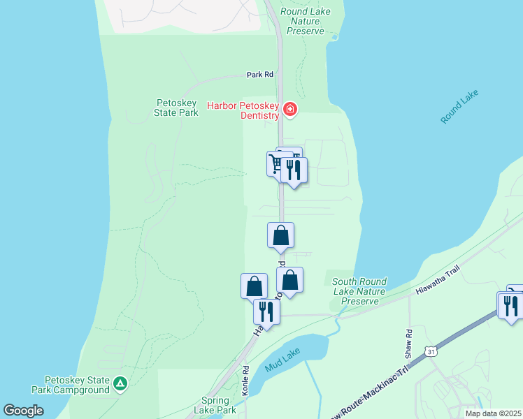 map of restaurants, bars, coffee shops, grocery stores, and more near 2221 Michigan 119 in Petoskey