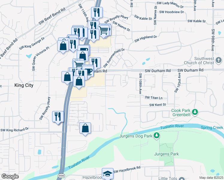 map of restaurants, bars, coffee shops, grocery stores, and more near 16280 Southwest 113th Avenue in Tigard