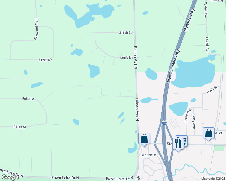 map of restaurants, bars, coffee shops, grocery stores, and more near 5195 Emily Lane in Stacy