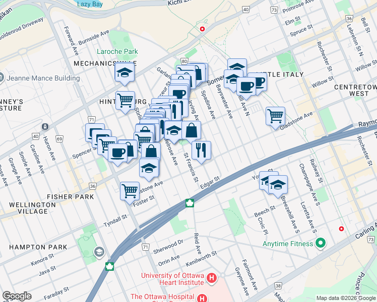 map of restaurants, bars, coffee shops, grocery stores, and more near 11 Saint Francis Street in Ottawa