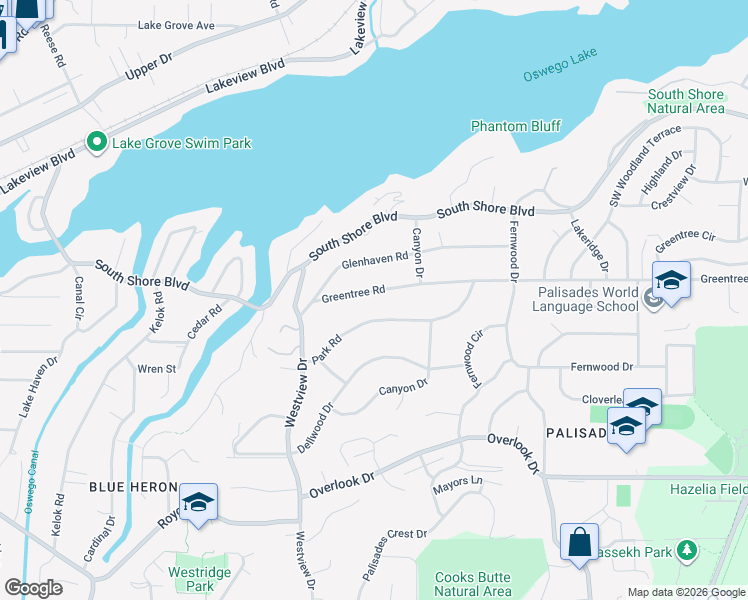 map of restaurants, bars, coffee shops, grocery stores, and more near 2710 Greentree Road in Lake Oswego