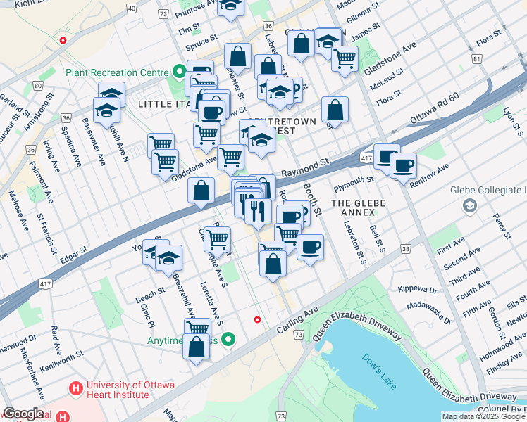 map of restaurants, bars, coffee shops, grocery stores, and more near 343 Preston Street in Ottawa