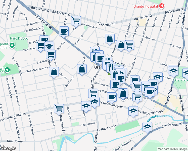 map of restaurants, bars, coffee shops, grocery stores, and more near 1234 Rue Simonds Sud in Granby