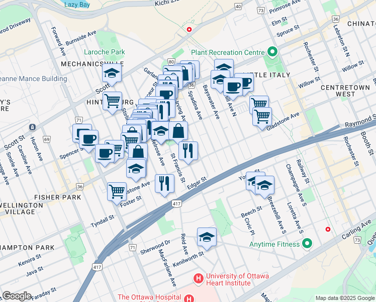 map of restaurants, bars, coffee shops, grocery stores, and more near 73 Fairmont Avenue in Ottawa