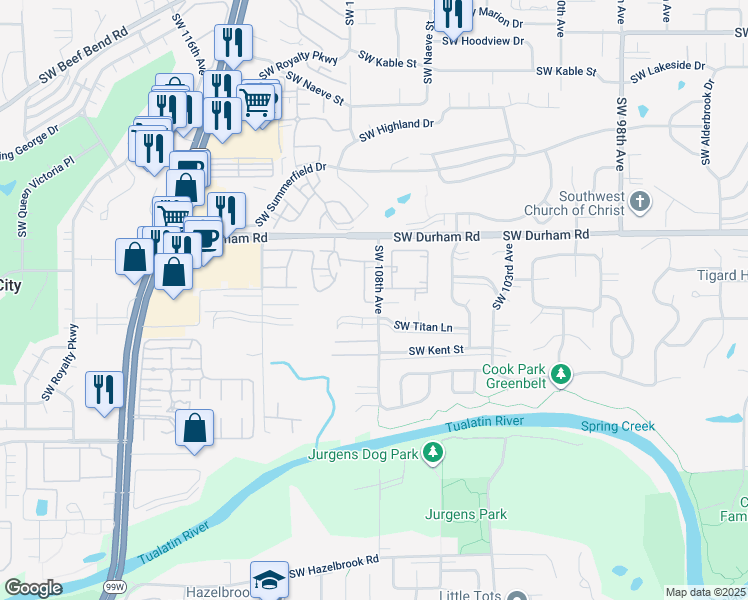 map of restaurants, bars, coffee shops, grocery stores, and more near 10827 Southwest Chateau Lane in Tigard