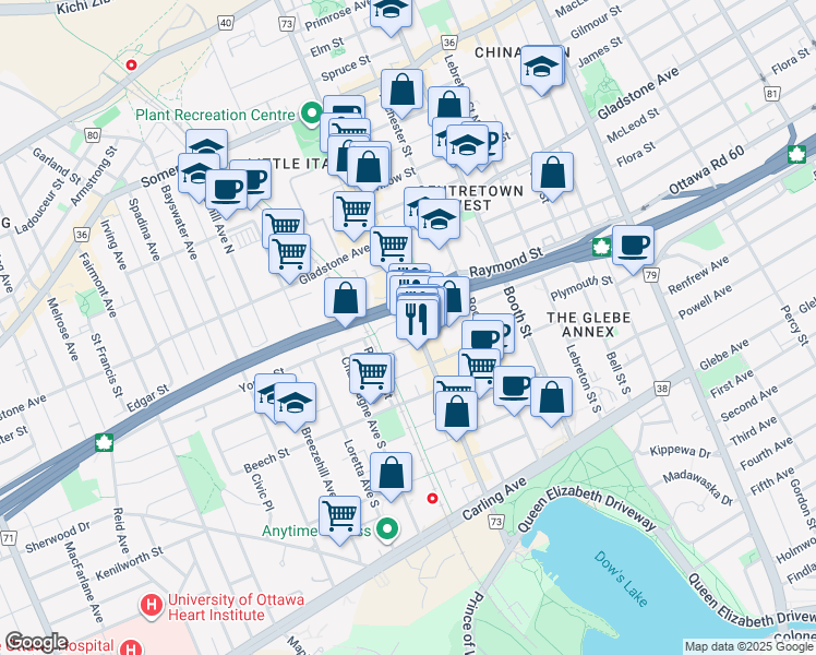 map of restaurants, bars, coffee shops, grocery stores, and more near in Ottawa