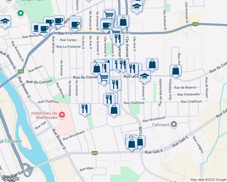 map of restaurants, bars, coffee shops, grocery stores, and more near 372 11e Av Sud in Sherbrooke