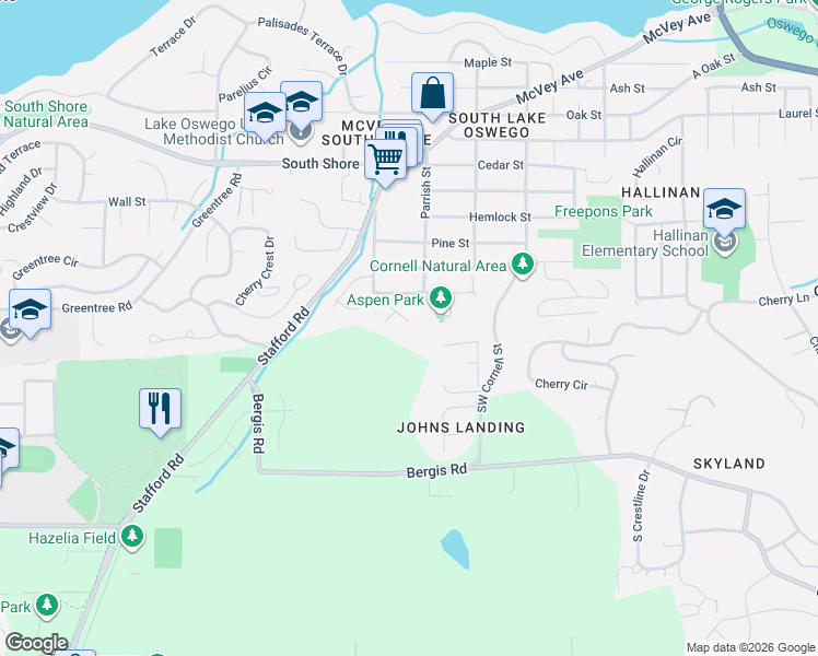 map of restaurants, bars, coffee shops, grocery stores, and more near 1674 Fircrest Drive in Lake Oswego