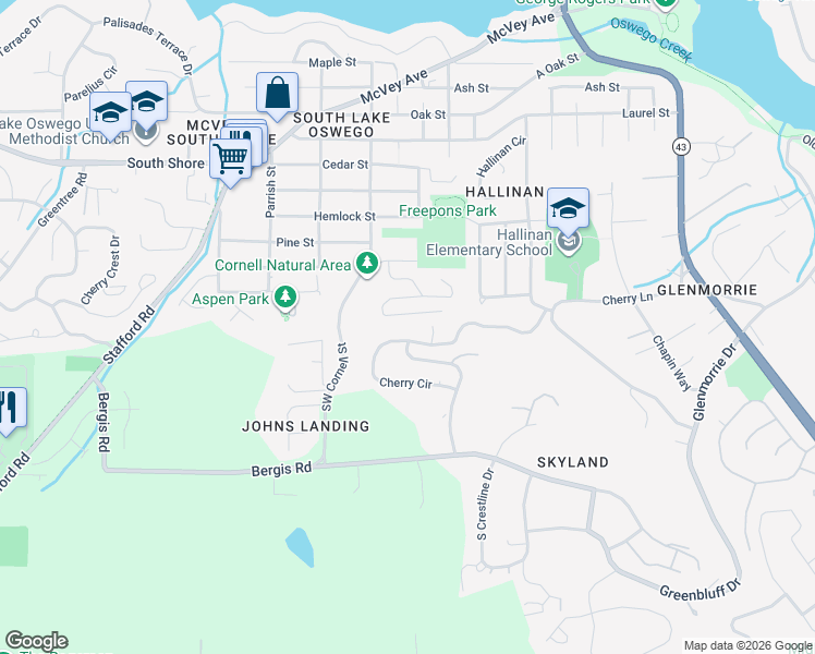 map of restaurants, bars, coffee shops, grocery stores, and more near 1131 Cherry Circle in Lake Oswego