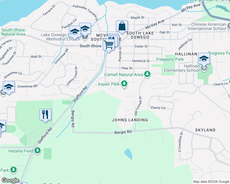 map of restaurants, bars, coffee shops, grocery stores, and more near 1686 Fircrest Court in Lake Oswego