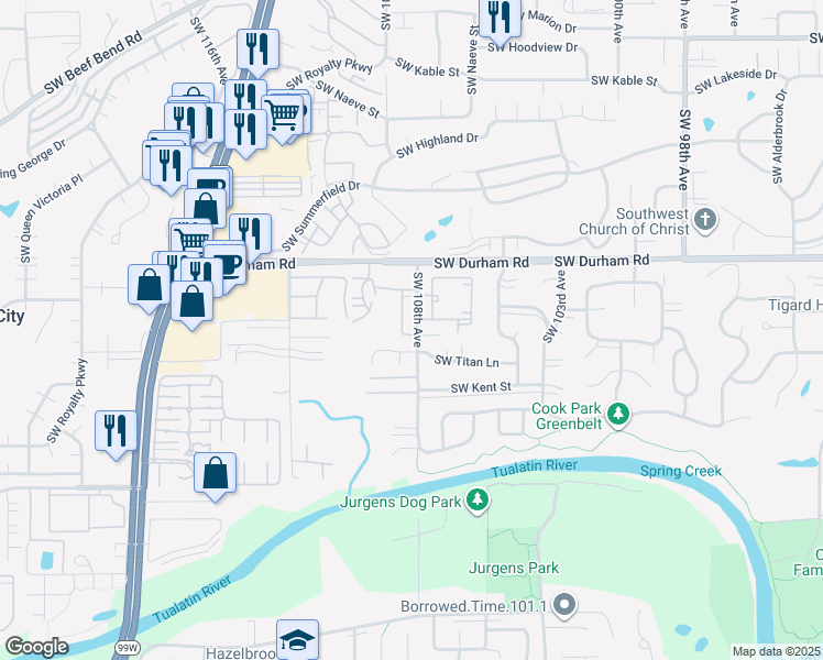 map of restaurants, bars, coffee shops, grocery stores, and more near 10827 Southwest Chateau Lane in Tigard