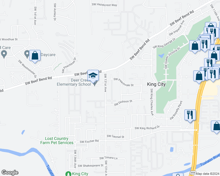 map of restaurants, bars, coffee shops, grocery stores, and more near 16277 Southwest 130th Terrace in Tigard