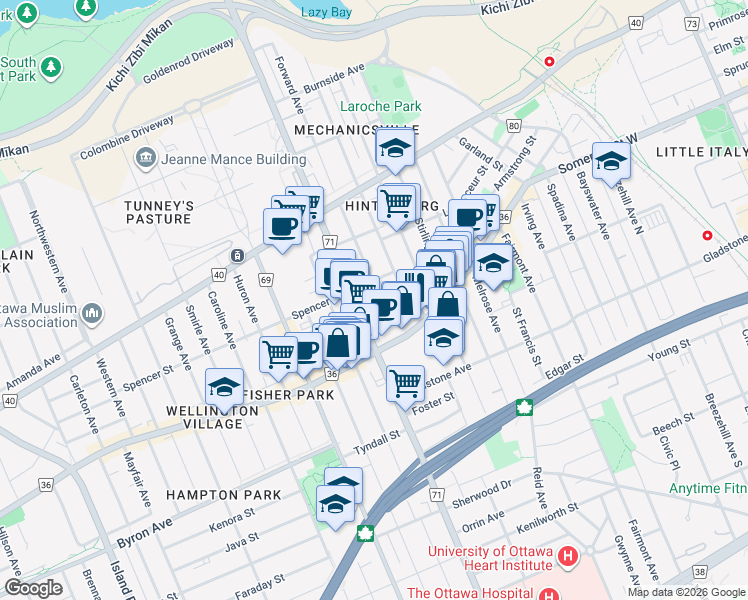 map of restaurants, bars, coffee shops, grocery stores, and more near 211 Armstrong Street in Ottawa