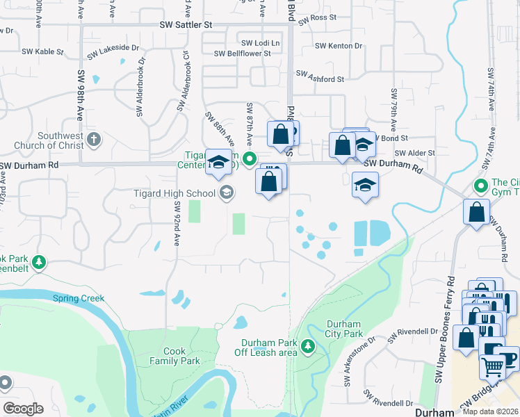 map of restaurants, bars, coffee shops, grocery stores, and more near Unnamed Road in Tigard