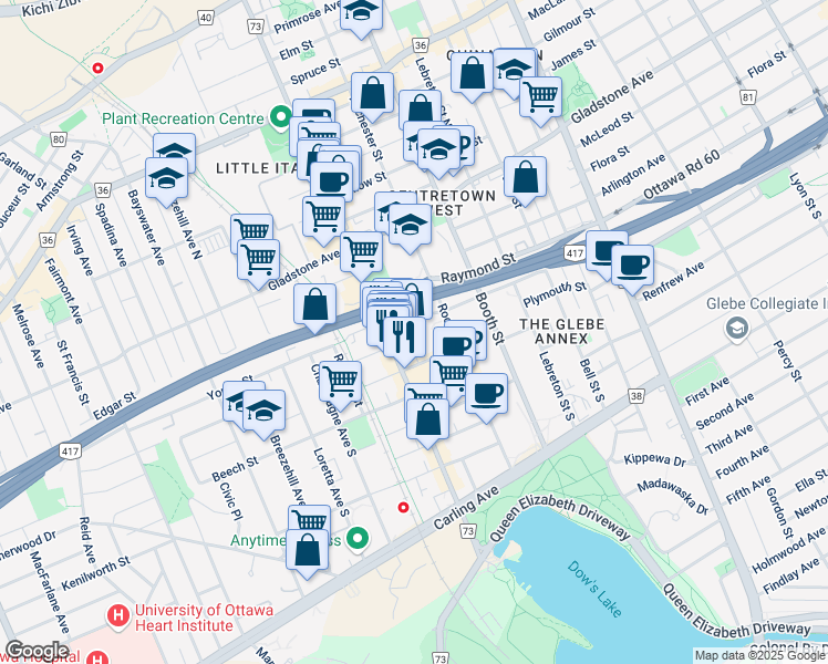 map of restaurants, bars, coffee shops, grocery stores, and more near 343 Preston Street in Ottawa