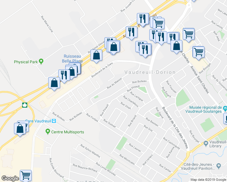 map of restaurants, bars, coffee shops, grocery stores, and more near 236 Rue Boîleau in Vaudreuil-Dorion