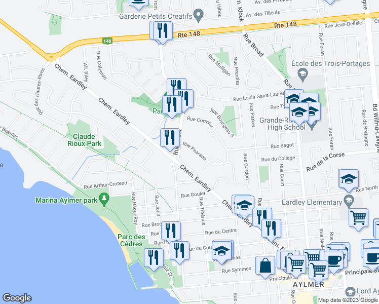 map of restaurants, bars, coffee shops, grocery stores, and more near 75 Rue Pearson in Gatineau
