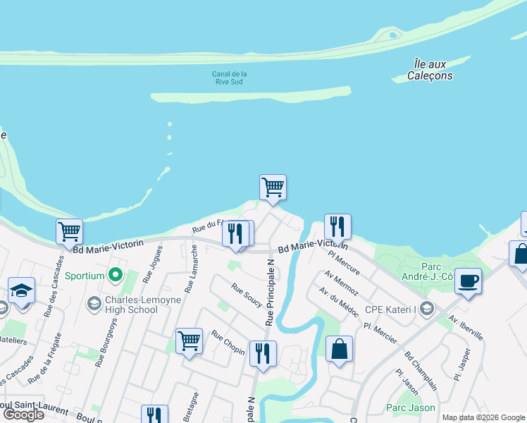 map of restaurants, bars, coffee shops, grocery stores, and more near 19 Rue Lamarche in Delson