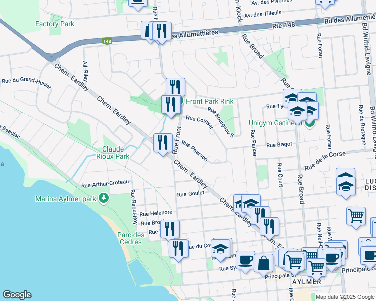 map of restaurants, bars, coffee shops, grocery stores, and more near 75 Rue Pearson in Gatineau