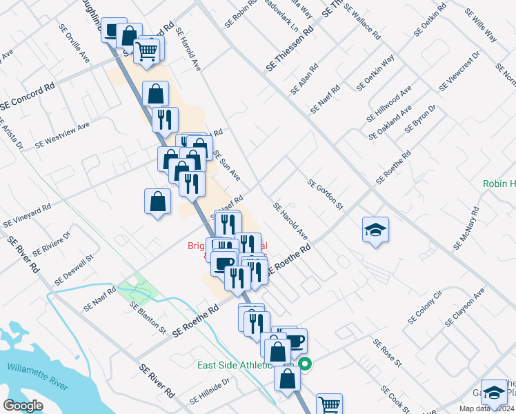 map of restaurants, bars, coffee shops, grocery stores, and more near 4400 Southeast Naef Road in Portland