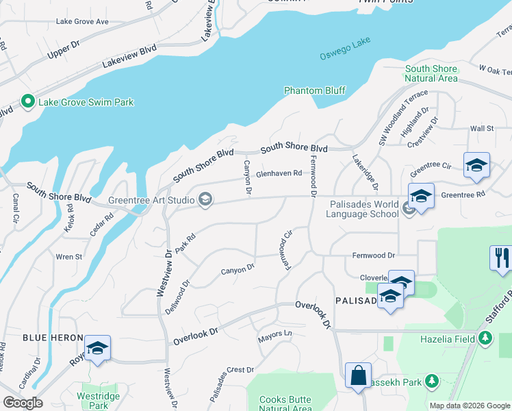 map of restaurants, bars, coffee shops, grocery stores, and more near 2415 Park Road in Lake Oswego
