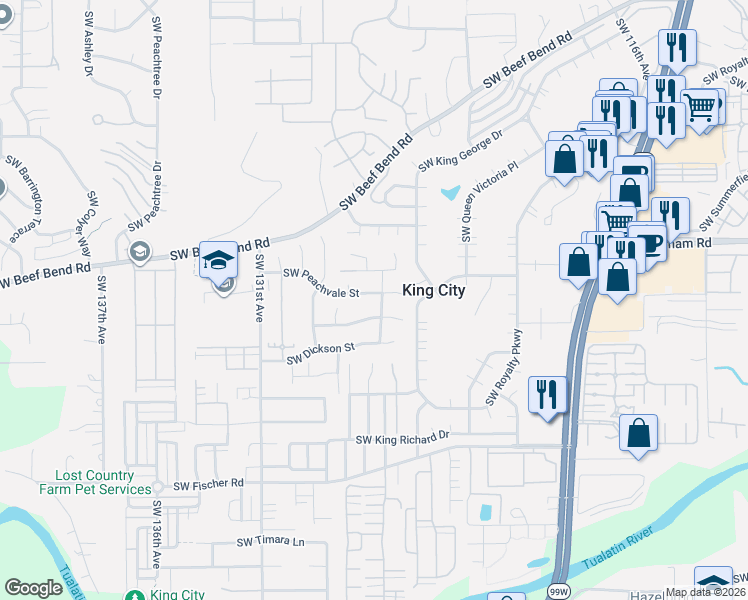 map of restaurants, bars, coffee shops, grocery stores, and more near 16296 Southwest 126th Terrace in Tigard