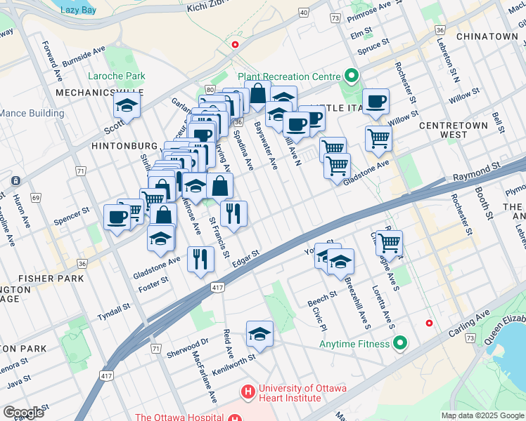 map of restaurants, bars, coffee shops, grocery stores, and more near 1040 Gladstone Avenue in Ottawa