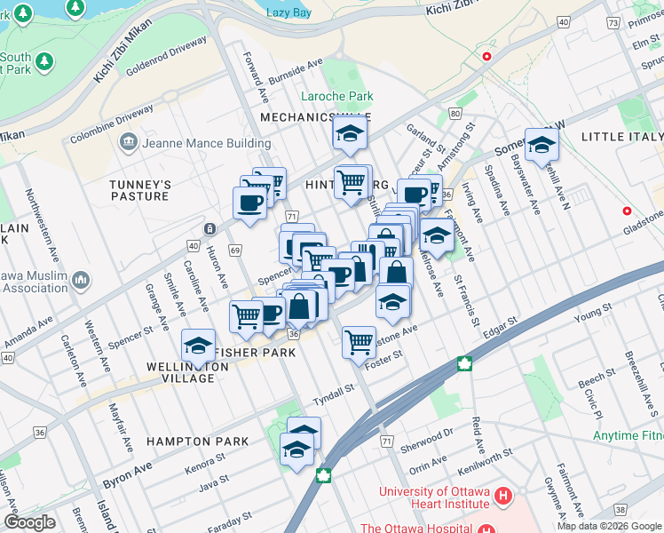 map of restaurants, bars, coffee shops, grocery stores, and more near in Ottawa