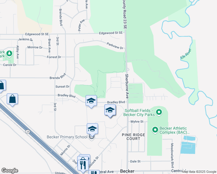 map of restaurants, bars, coffee shops, grocery stores, and more near 11500 Sherburne Avenue in Becker