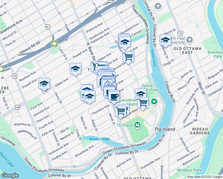 map of restaurants, bars, coffee shops, grocery stores, and more near 99 Fifth Avenue in Ottawa