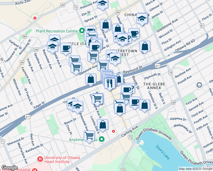 map of restaurants, bars, coffee shops, grocery stores, and more near 30 Young Street in Ottawa