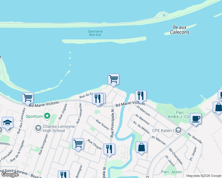 map of restaurants, bars, coffee shops, grocery stores, and more near 19 Rue Lamarche in Delson