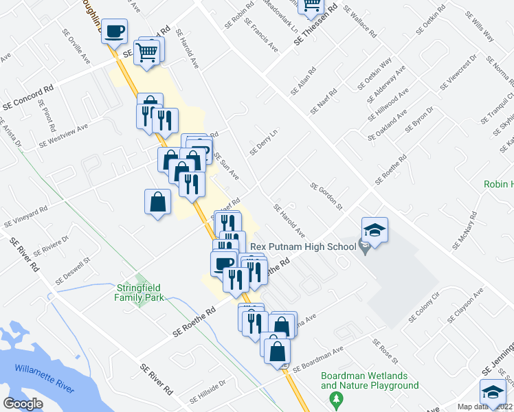 map of restaurants, bars, coffee shops, grocery stores, and more near 4400 Southeast Naef Road in Portland