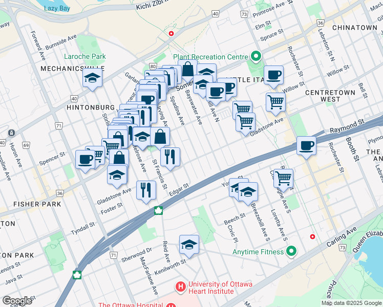 map of restaurants, bars, coffee shops, grocery stores, and more near 112 Spadina Avenue in Ottawa