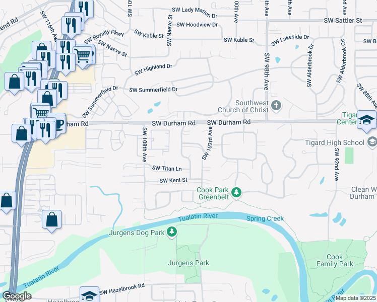 map of restaurants, bars, coffee shops, grocery stores, and more near 16309 Southwest 104th Avenue in Tigard