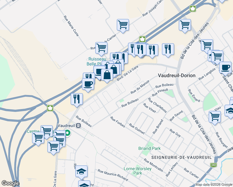 map of restaurants, bars, coffee shops, grocery stores, and more near 3169 Boulevard De La Gare in Vaudreuil-Dorion