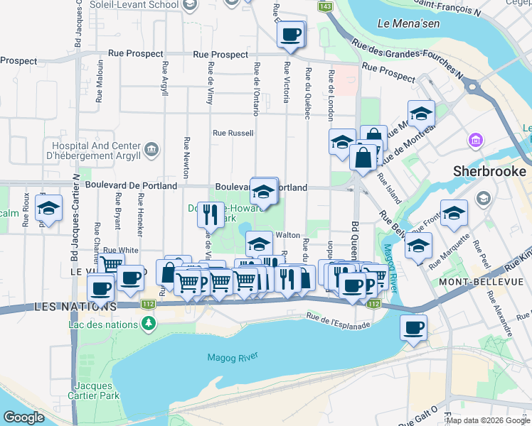 map of restaurants, bars, coffee shops, grocery stores, and more near 242 Rue de l'Ontario in Sherbrooke