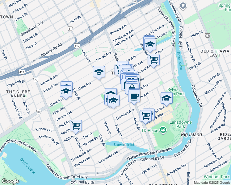 map of restaurants, bars, coffee shops, grocery stores, and more near 157 Fourth Avenue in Ottawa