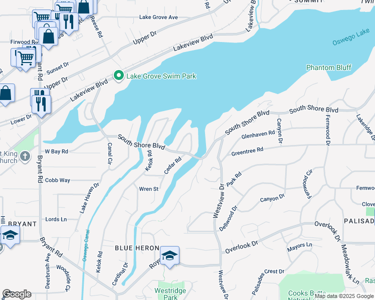 map of restaurants, bars, coffee shops, grocery stores, and more near 16987 Alder Circle in Lake Oswego
