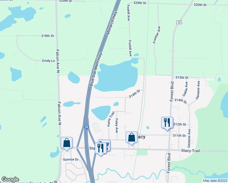 map of restaurants, bars, coffee shops, grocery stores, and more near 5690 314th Street in Stacy