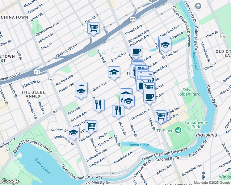map of restaurants, bars, coffee shops, grocery stores, and more near in Ottawa