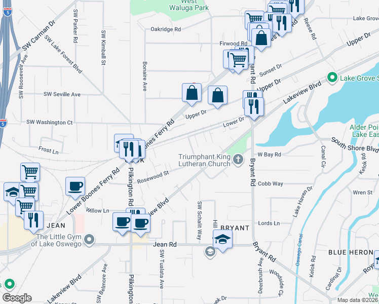 map of restaurants, bars, coffee shops, grocery stores, and more near 17015 Tualatin Street in Lake Oswego