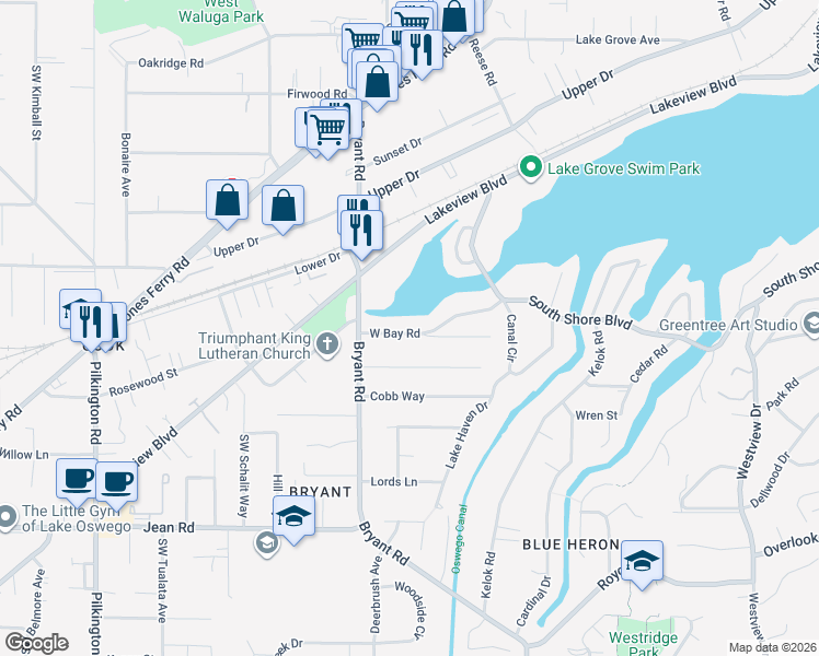 map of restaurants, bars, coffee shops, grocery stores, and more near 4313 West Bay Road in Lake Oswego