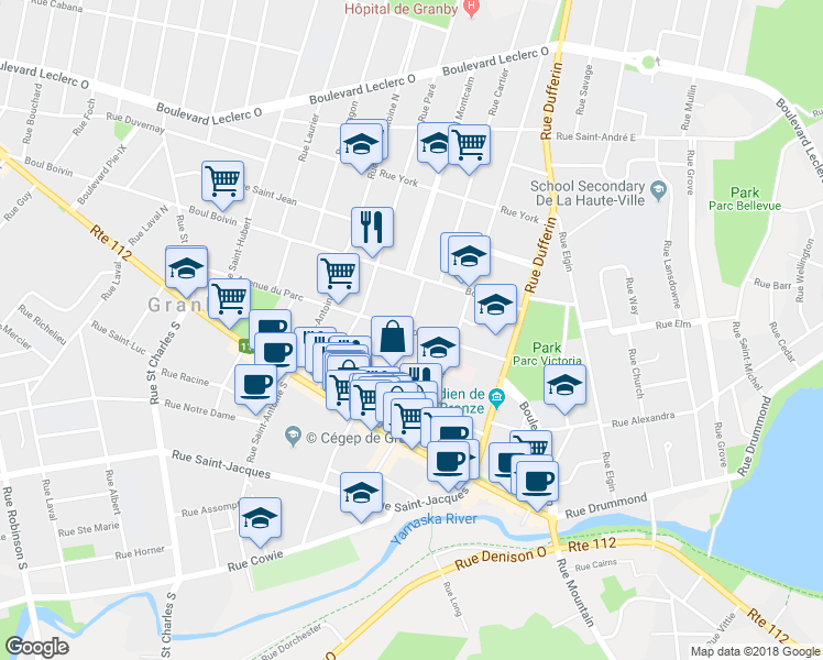 map of restaurants, bars, coffee shops, grocery stores, and more near 193 Parc Avenue in Granby